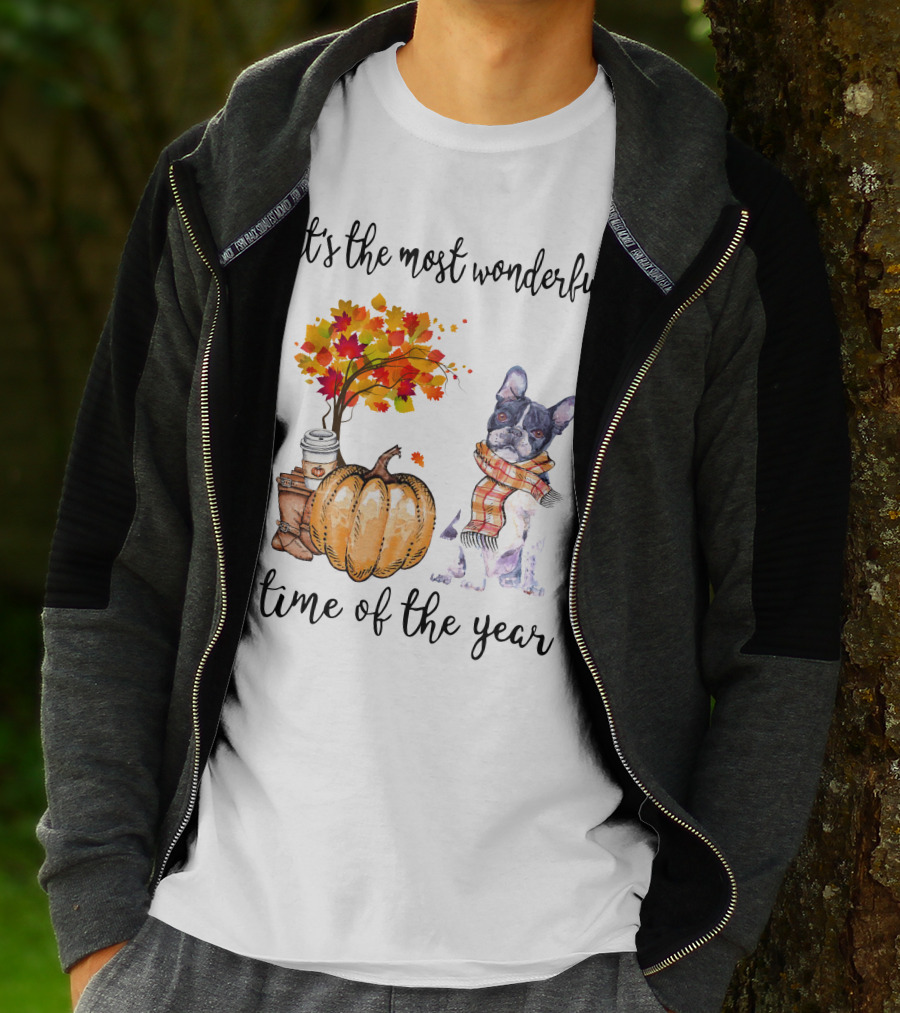 Its The Most Wonderful Time Of The Year Boston Terrier Autumn Pumpkin Leaves Coffee T-Shirt