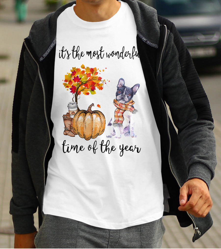 Its The Most Wonderful Time Of The Year Boston Terrier Autumn Pumpkin Leaves Coffee T-Shirt
