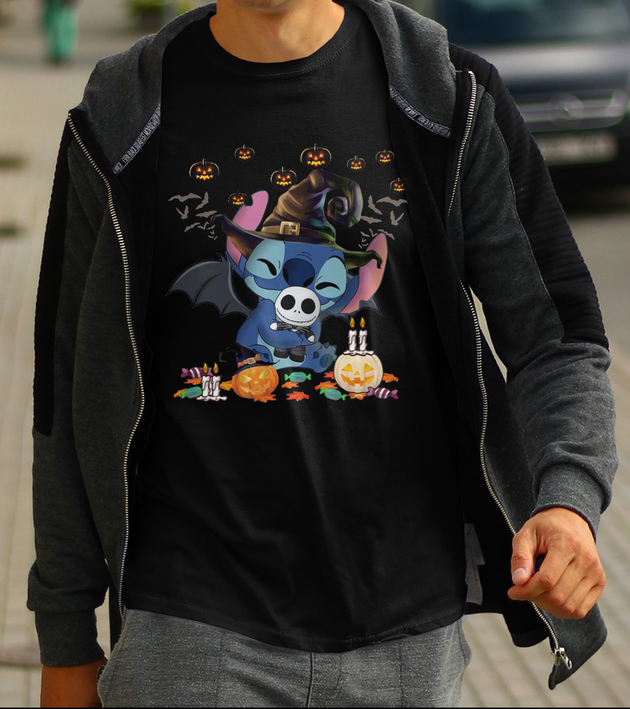 Stitch Halloween Witch Hugging Baby Jack Skellington With Pumpkins And Candy T-Shirt