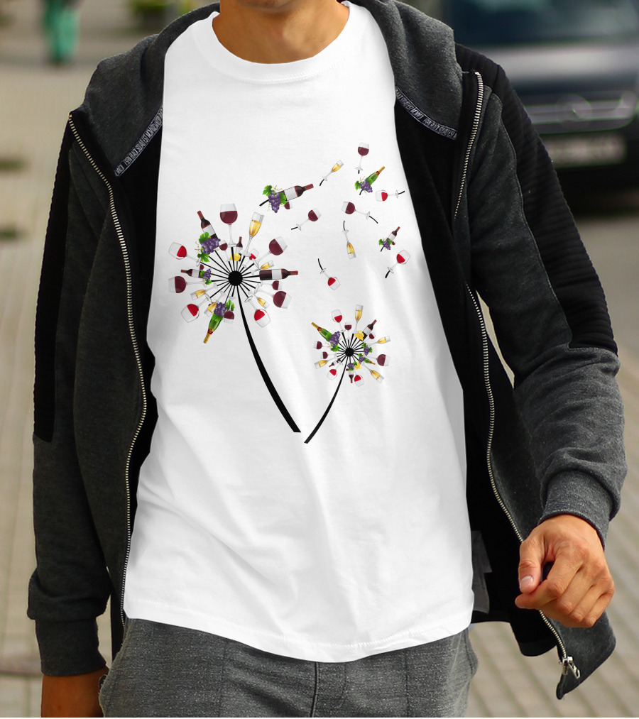 Printady Clothing Store Wine Glasses And Bottles Dandelion T-Shirt