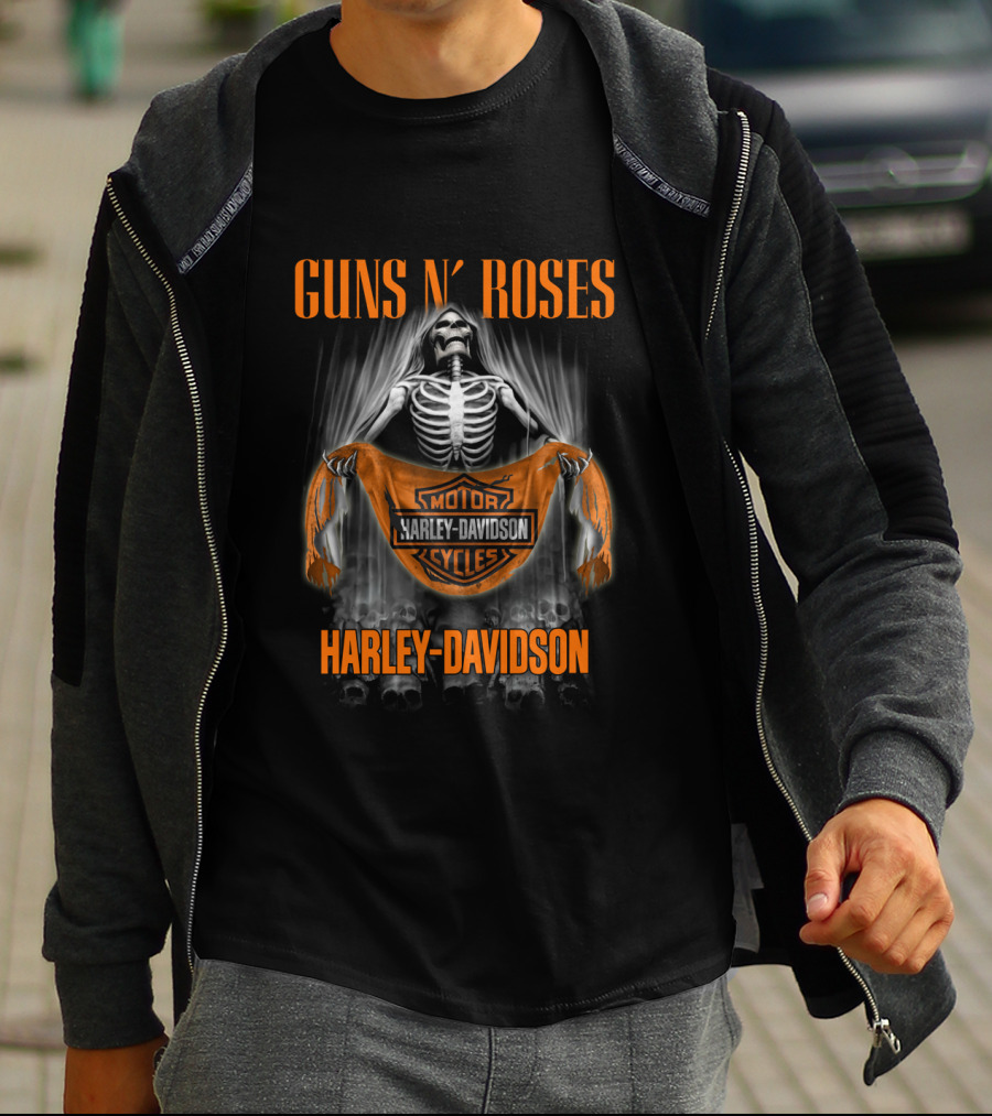Guns N' Roses Harley Davidson Skeleton Holding Banner T-Shirt