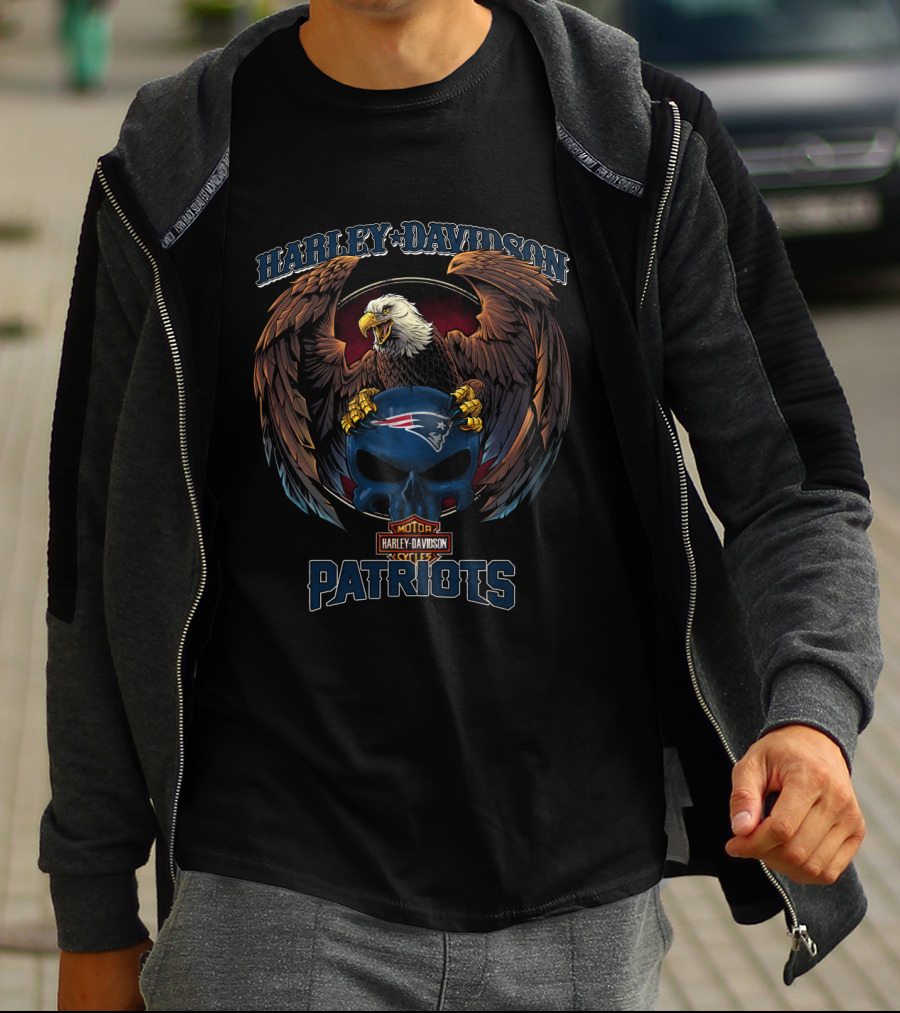 Harley Davidson Motor Cycles New England Patriots Eagle Skull T-Shirt