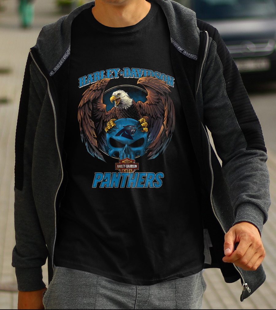 Harley Davidson Panthers Motorcycle Emblem With Eagle And Carolina Panthers T-Shirt