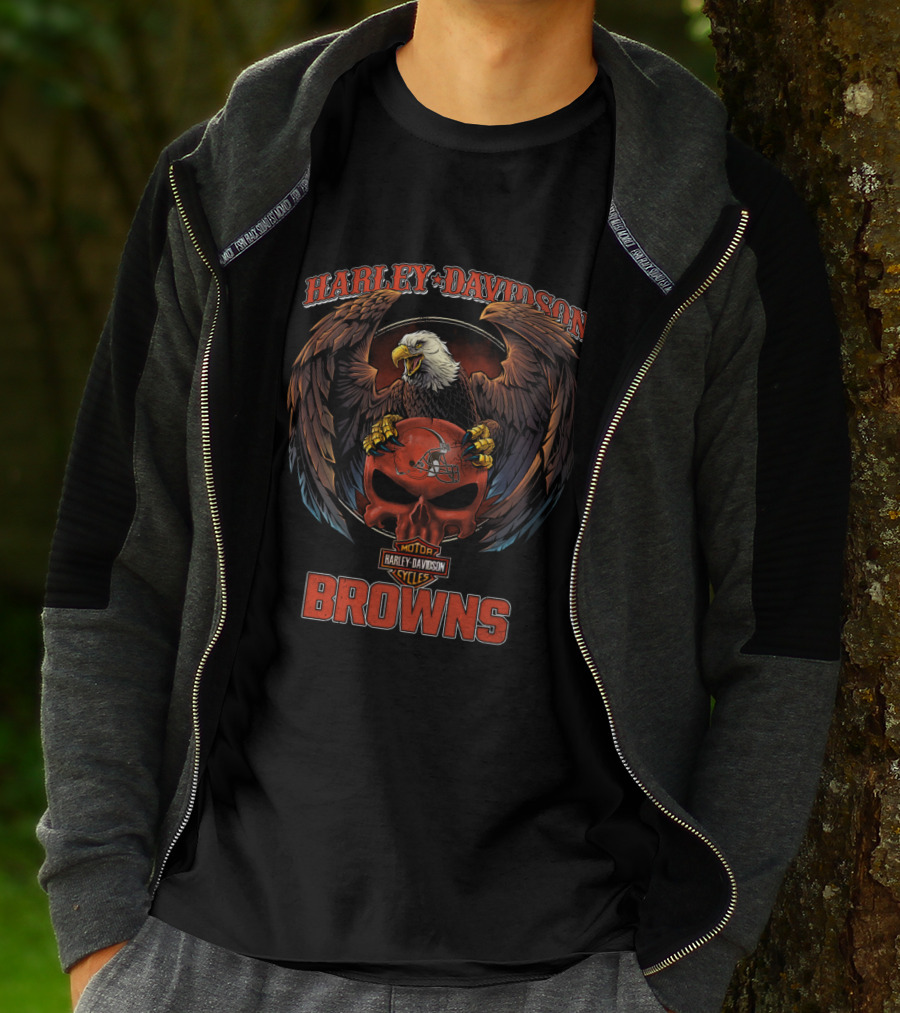 Harley Davidson Motorcycles Cleveland Browns Eagle Skull T-Shirt