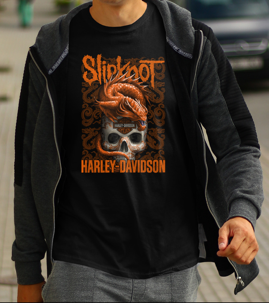 Slipknot Harley Davidson Dragon Skull Motif T-Shirt