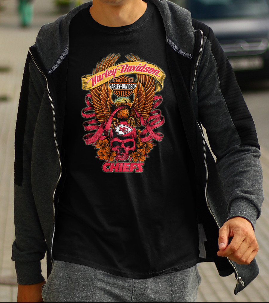 Harley Davidson Kansas City Chiefs Skull Eagle Flowers T-Shirt