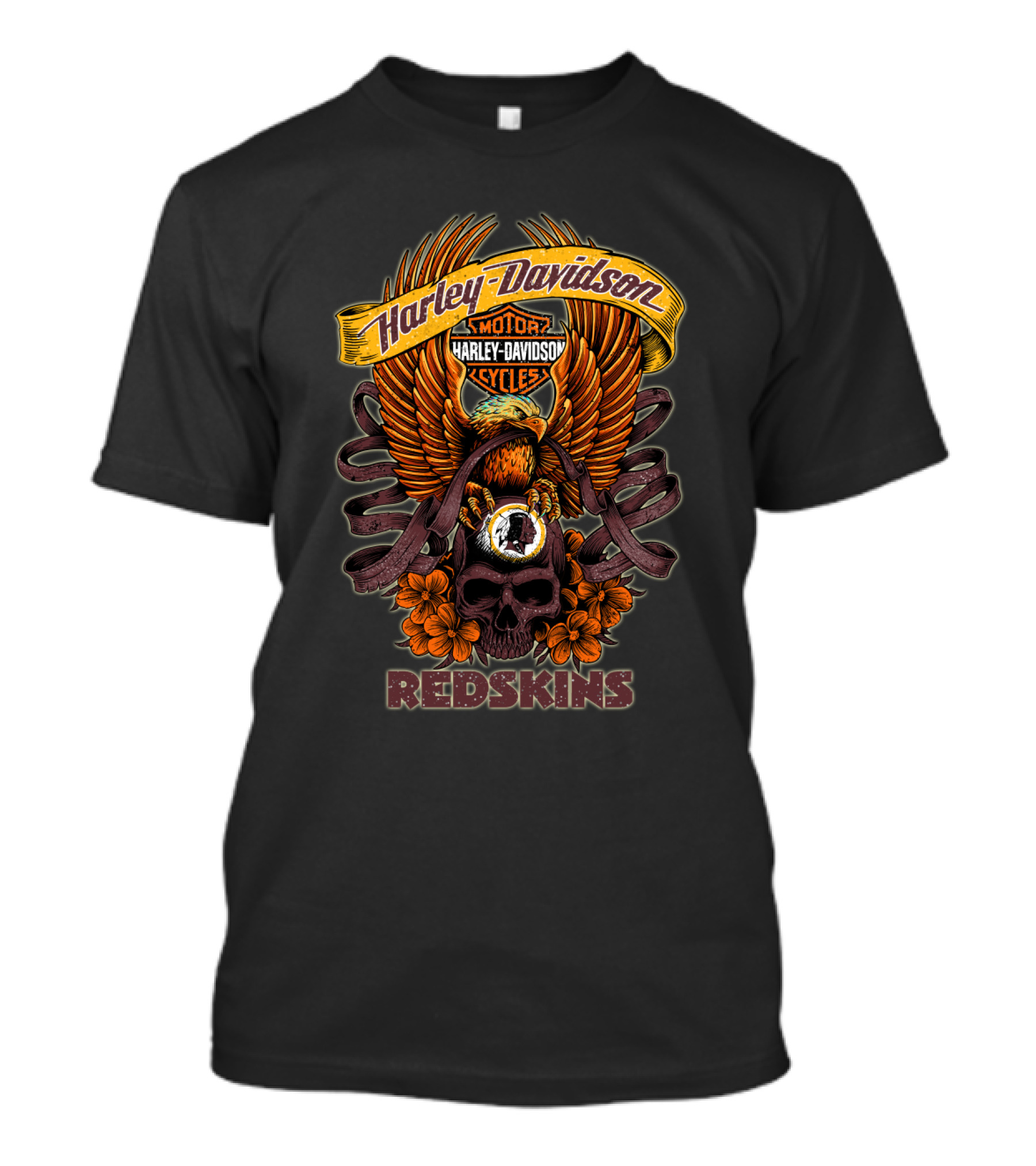 Harley Davidson Motor Cycles Redskins Eagle Skull Flowers T-Shirt