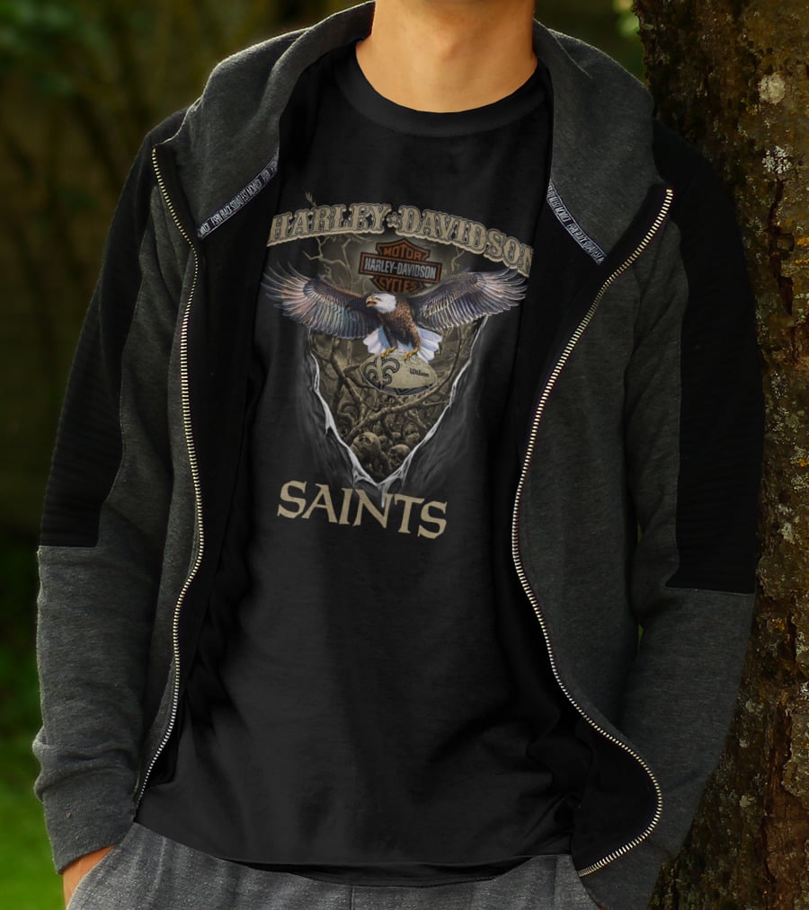 Harley Davidson Motor Cycles Eagle New Orleans Saints T-Shirt