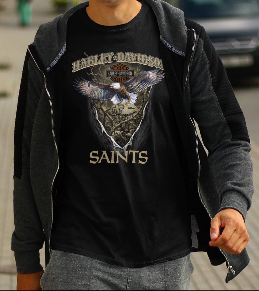 Harley Davidson Motor Cycles Eagle New Orleans Saints T-Shirt