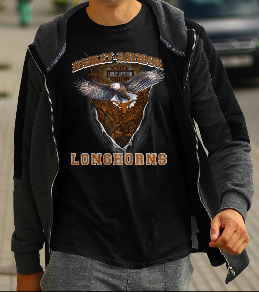 Harley Davidson Motorcycles Longhorns Eagle Motif T-Shirt