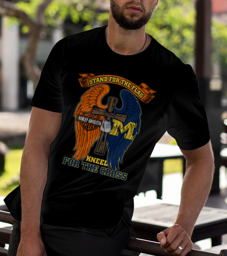 Stand For The Flag Kneel For The Cross Harley Davidson Michigan Wolverines T-Shirt