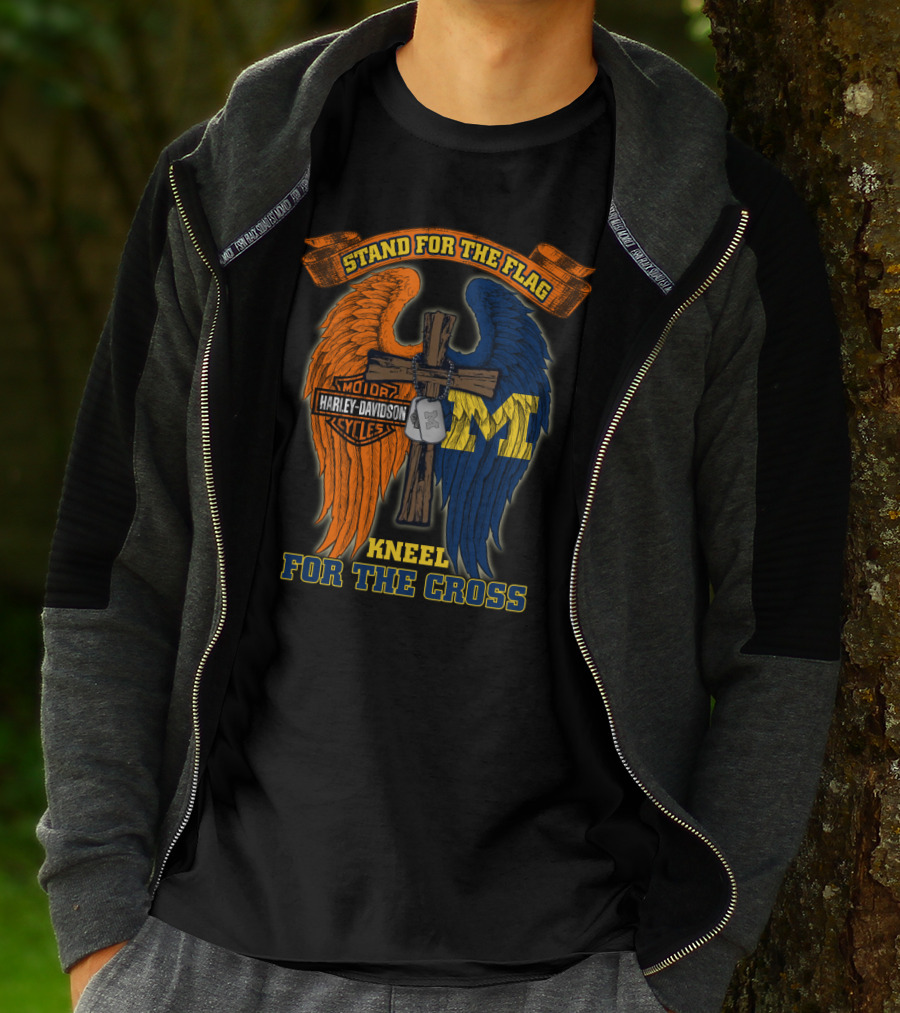 Stand For The Flag Kneel For The Cross Harley Davidson Michigan Wolverines T-Shirt