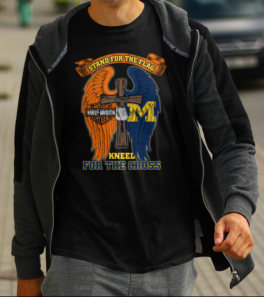 Stand For The Flag Kneel For The Cross Harley Davidson Michigan Wolverines T-Shirt