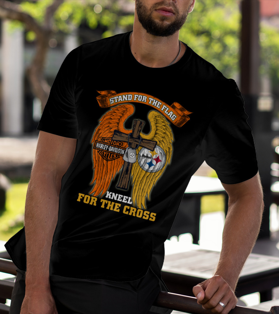 Stand For The Flag Kneel For The Cross Harley Davidson Pittsburgh Steelers Wings T-Shirt
