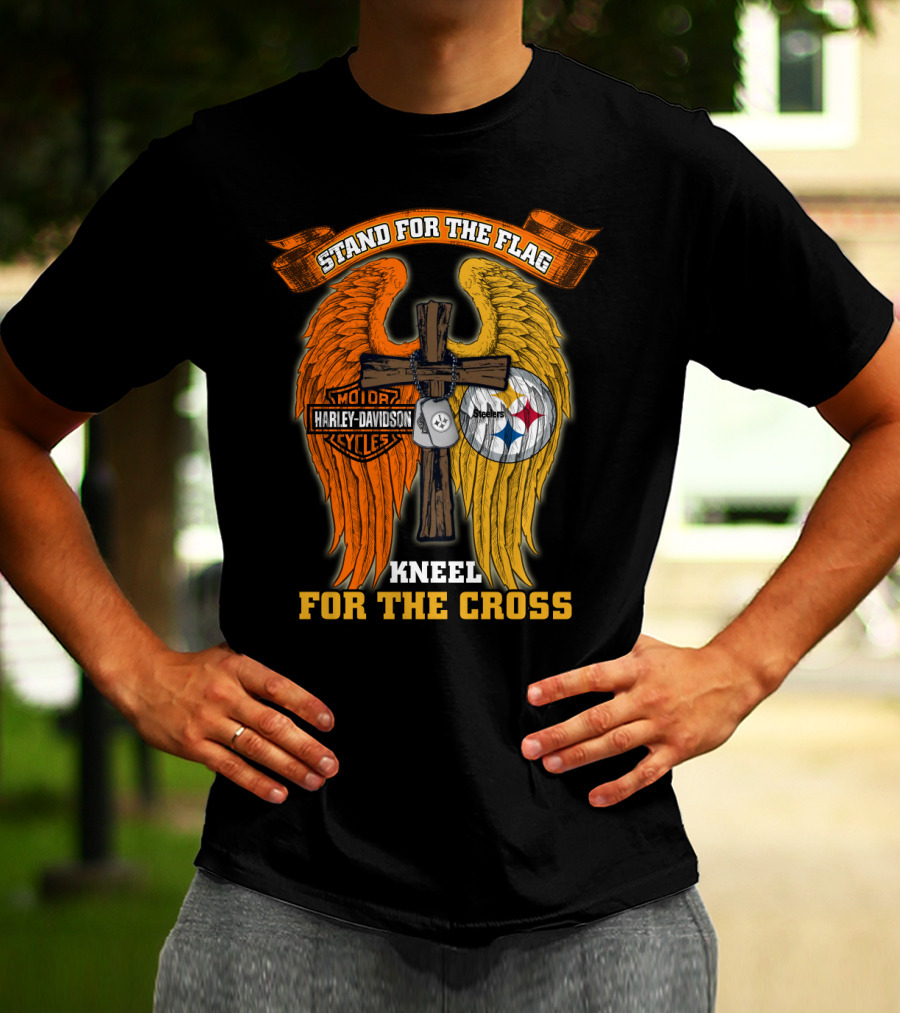 Stand For The Flag Kneel For The Cross Harley Davidson Pittsburgh Steelers Wings T-Shirt