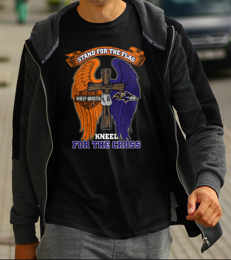 Stand For The Flag Kneel For The Cross Harley Davidson Motorcycles Baltimore Ravens T-Shirt