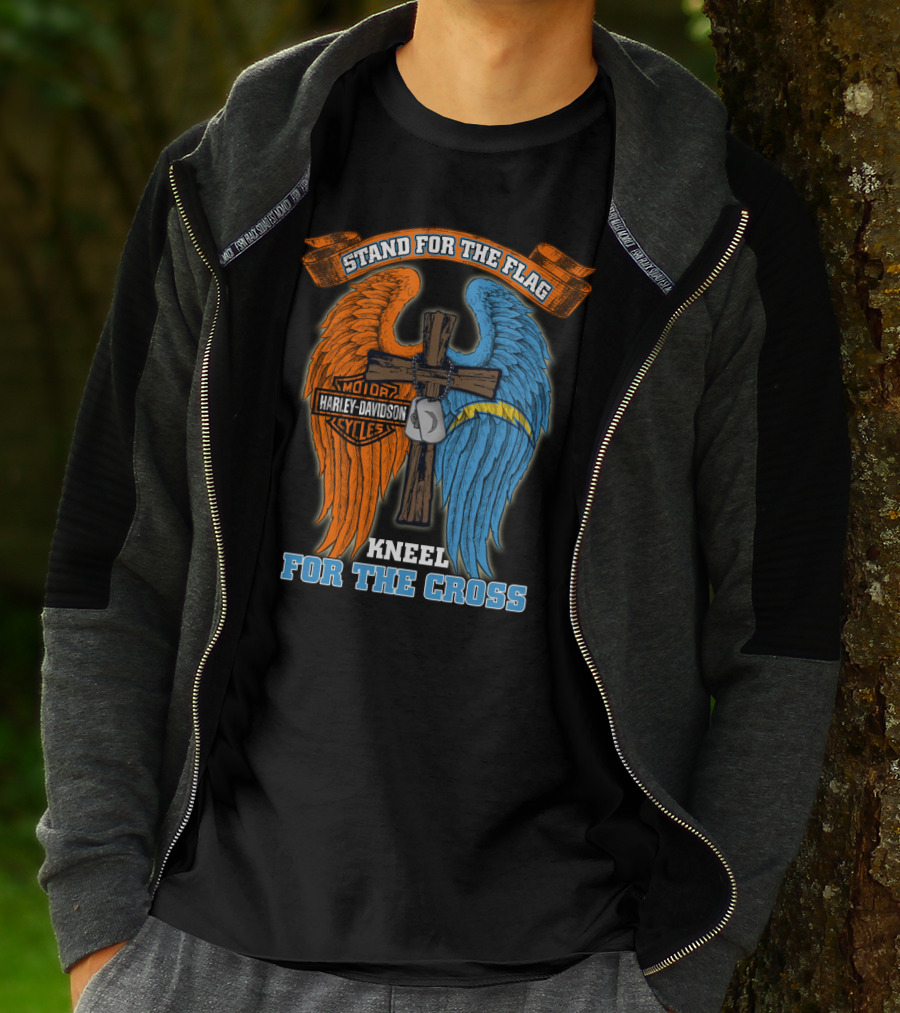 Stand For The Flag Kneel For The Cross Harley Davidson Los Angeles Chargers T-Shirt