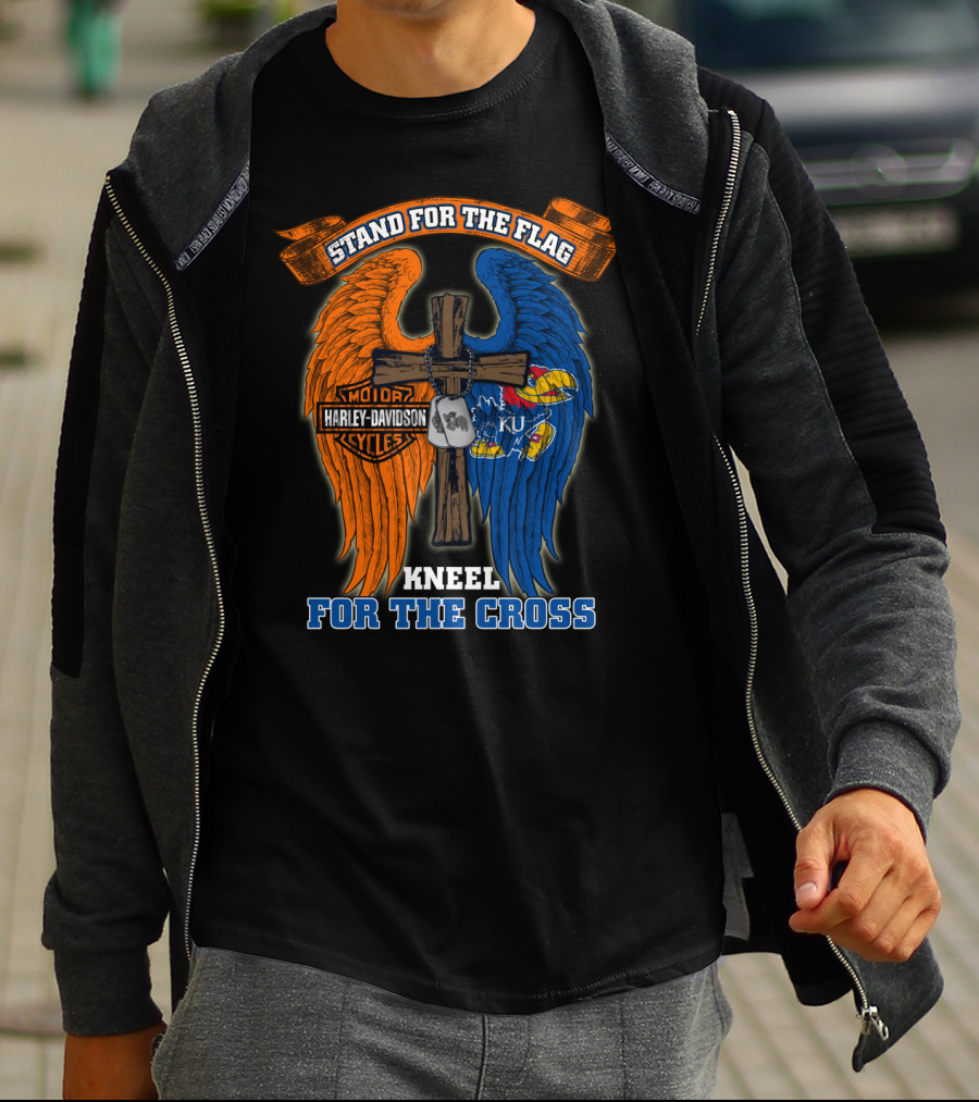 Stand For The Flag Kneel For The Cross Harley Davidson Motorcycles Kansas Jayhawks Ku T-Shirt