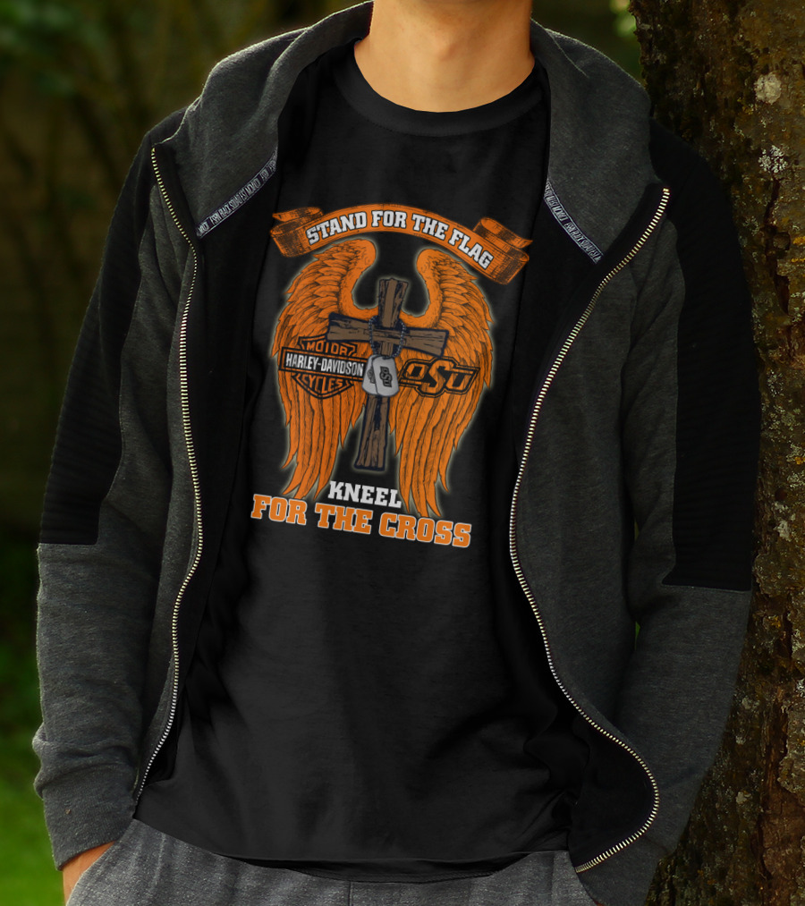 Stand For The Flag Kneel For The Cross Harley Davidson Osu Oklahoma State Cowboys T-Shirt