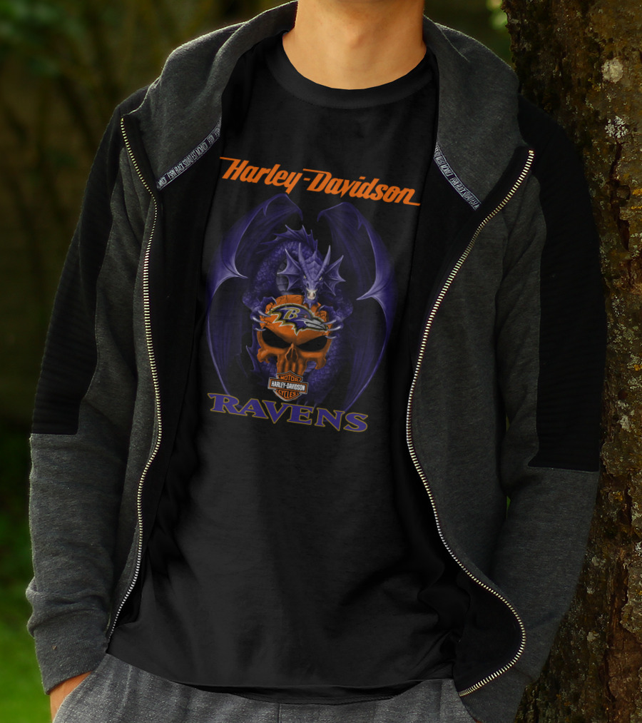 Harley Davidson Baltimore Ravens Dragon Skull T-Shirt