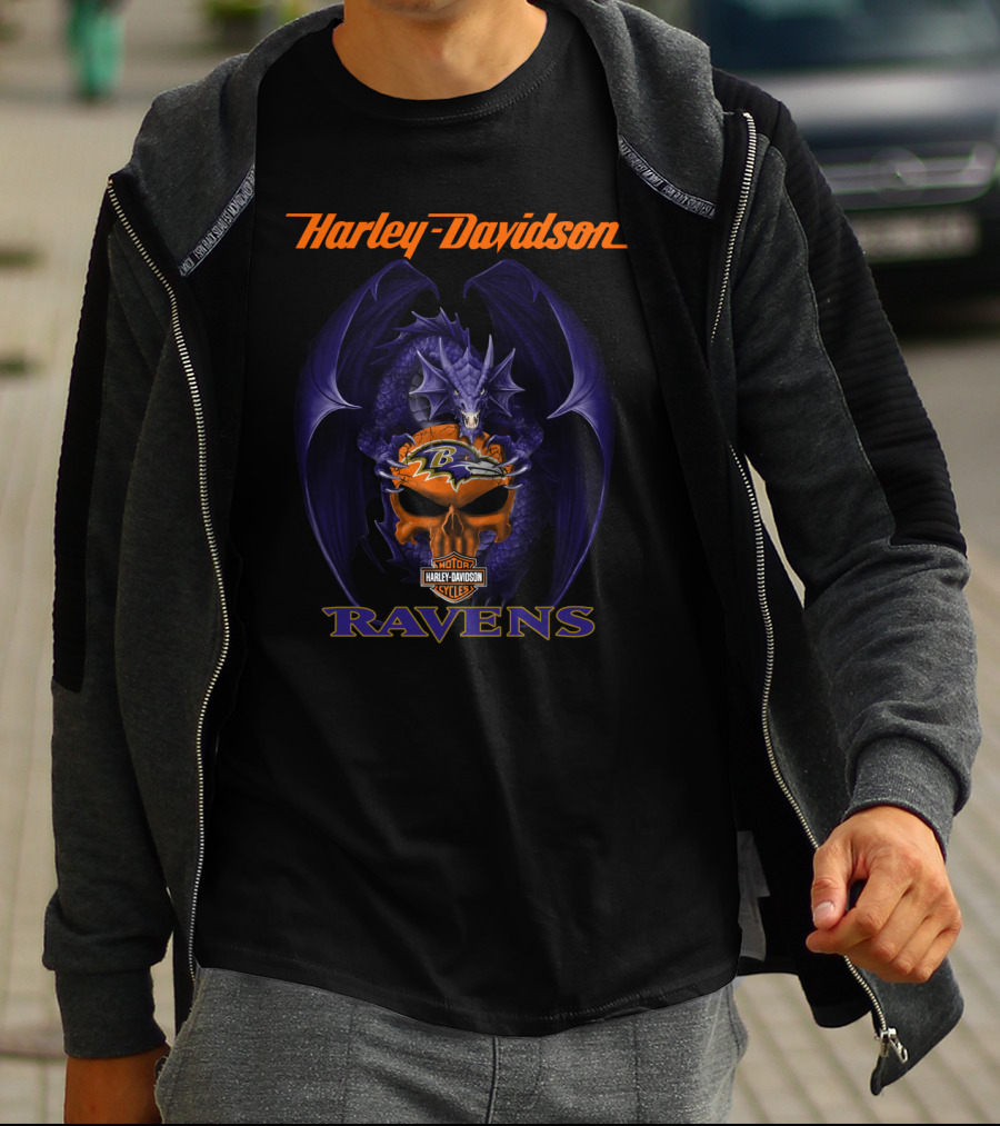 Harley Davidson Baltimore Ravens Dragon Skull T-Shirt