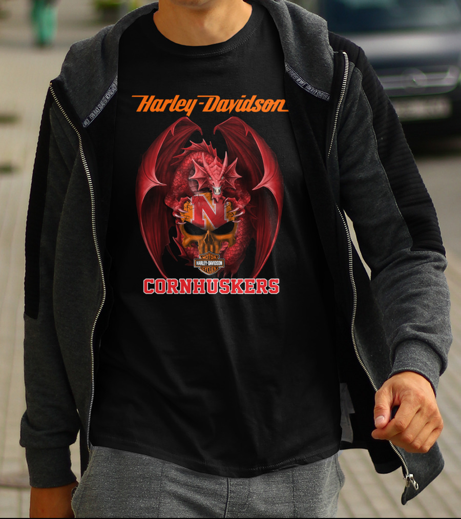 Harley Davidson Nebraska Cornhuskers Dragon Motorcycle Cycles T-Shirt