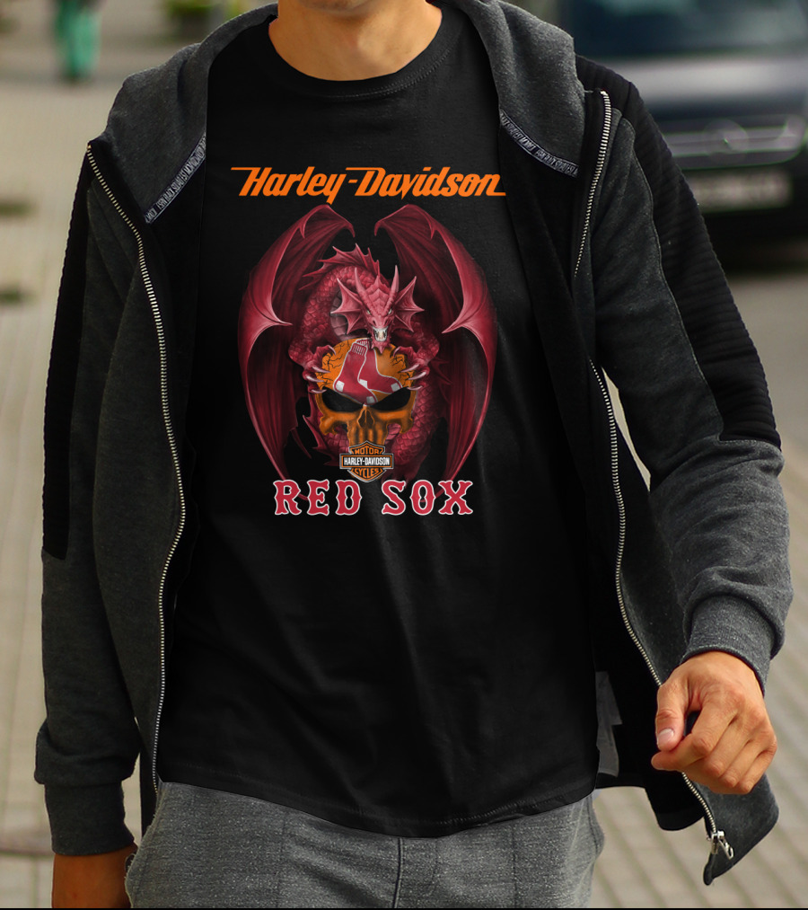 Harley Davidson Red Sox Dragon Skull Motor Cycles T-Shirt