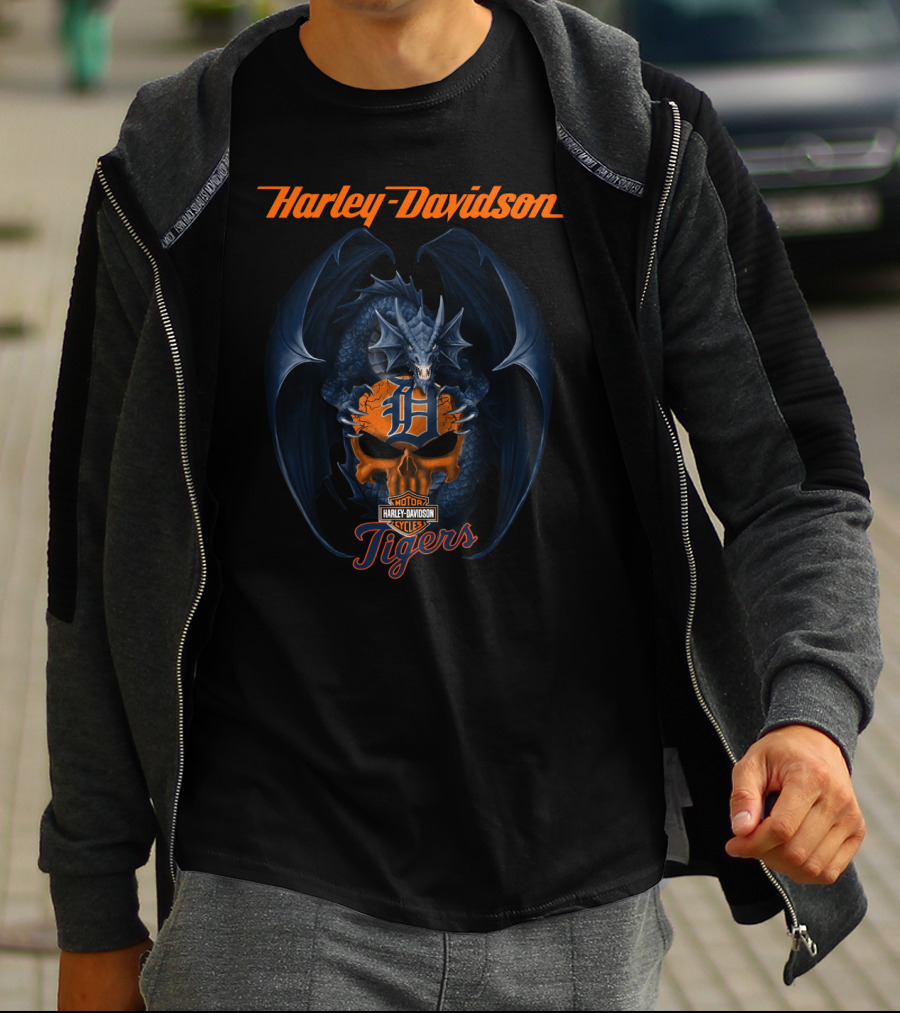 Harley Davidson Detroit Tigers Dragon Motor Cycles T-Shirt