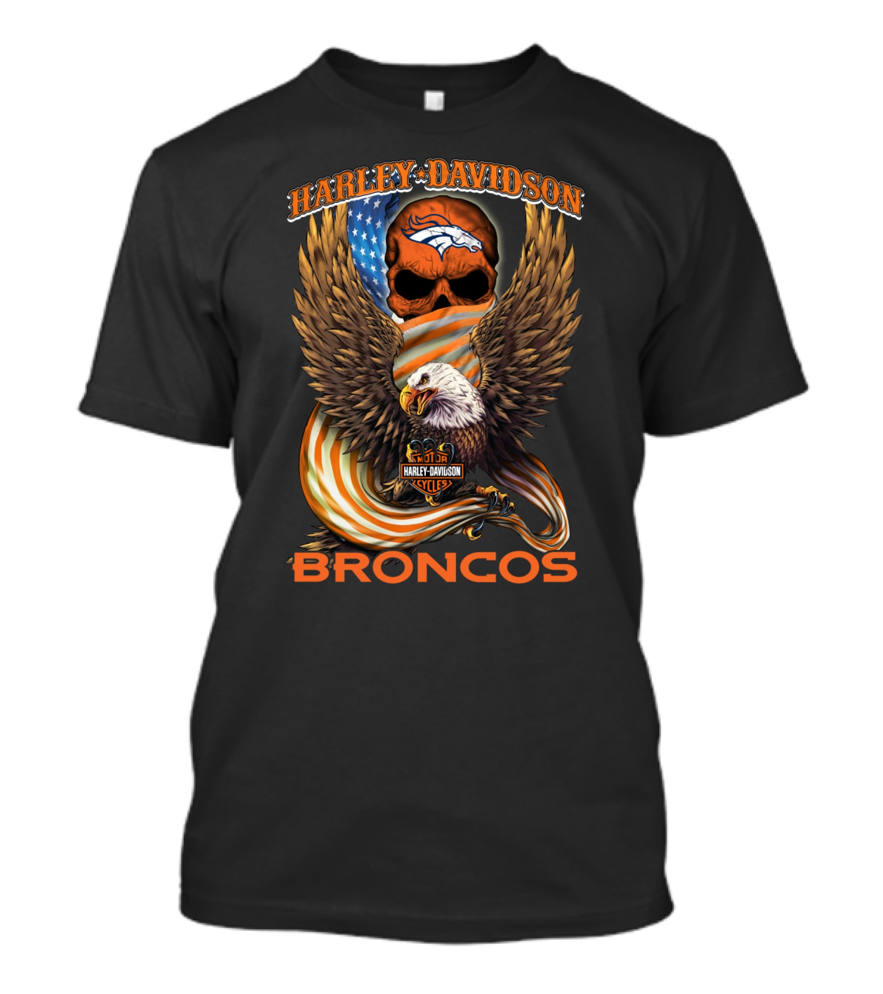 Harley Davidson Denver Broncos American Eagle Usa Skulls T-Shirt