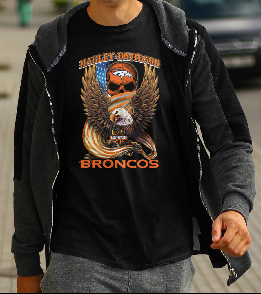 Harley Davidson Denver Broncos American Eagle Usa Skulls T-Shirt