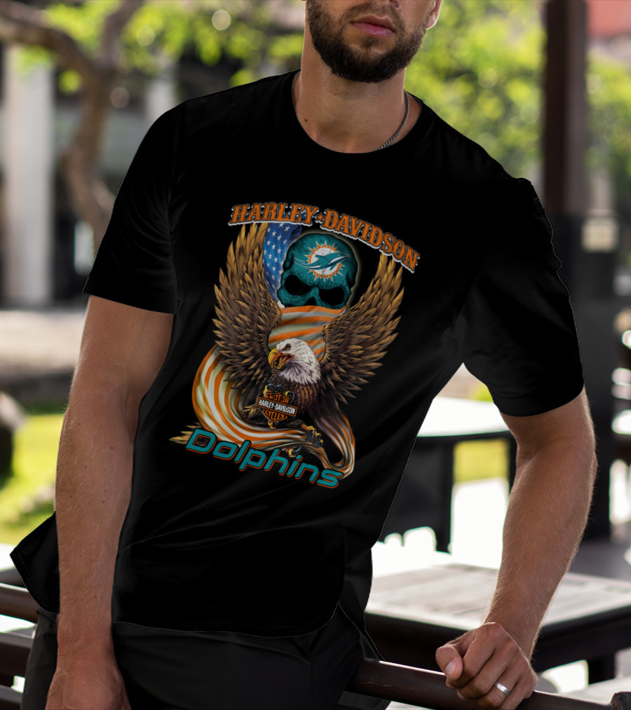 Harley Davidson Miami Dolphins Hl6 Cycles Eagle Flag Skull T-Shirt
