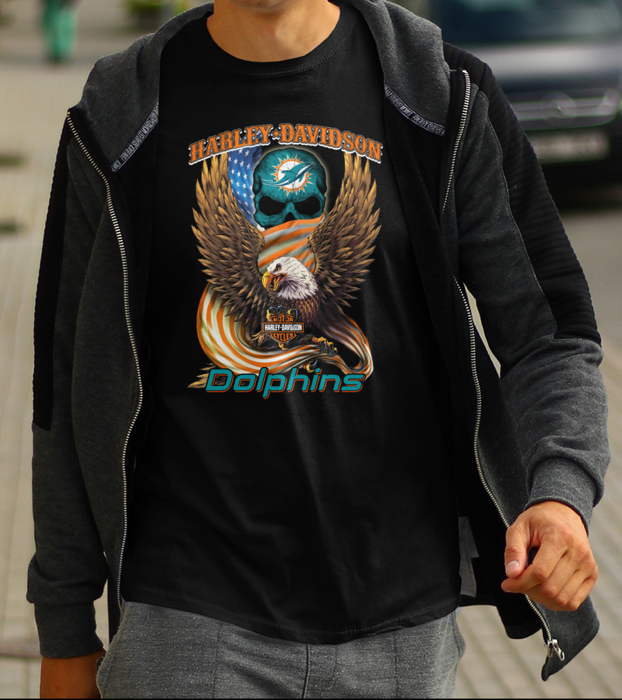 Harley Davidson Miami Dolphins Hl6 Cycles Eagle Flag Skull T-Shirt