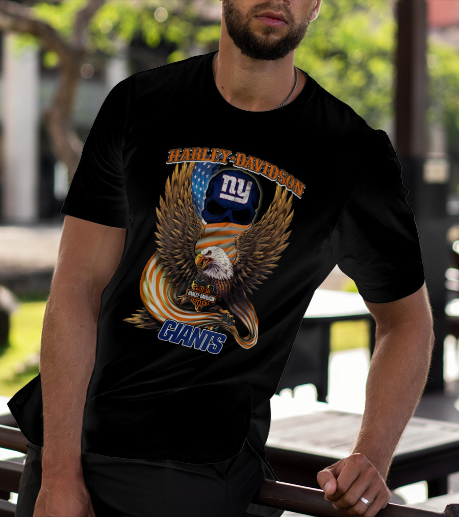 Harley Davidson New York Giants American Eagle Nfl Skull Usa Flag T-Shirt