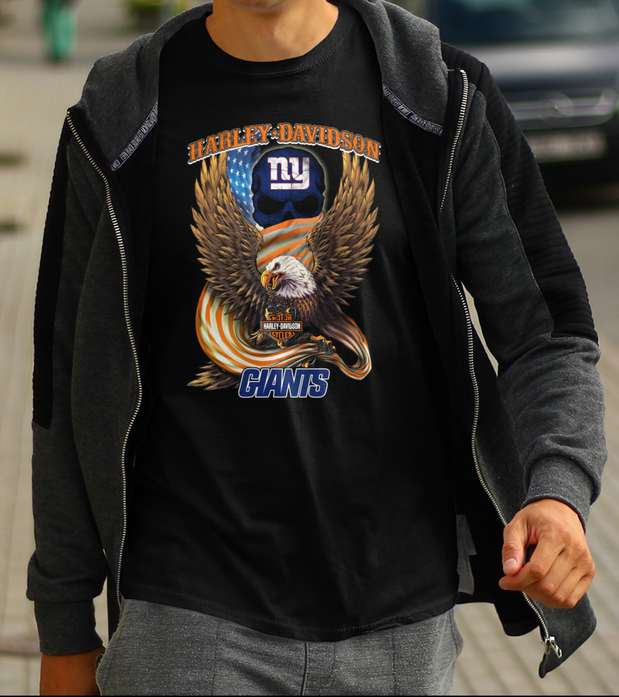 Harley Davidson New York Giants American Eagle Nfl Skull Usa Flag T-Shirt