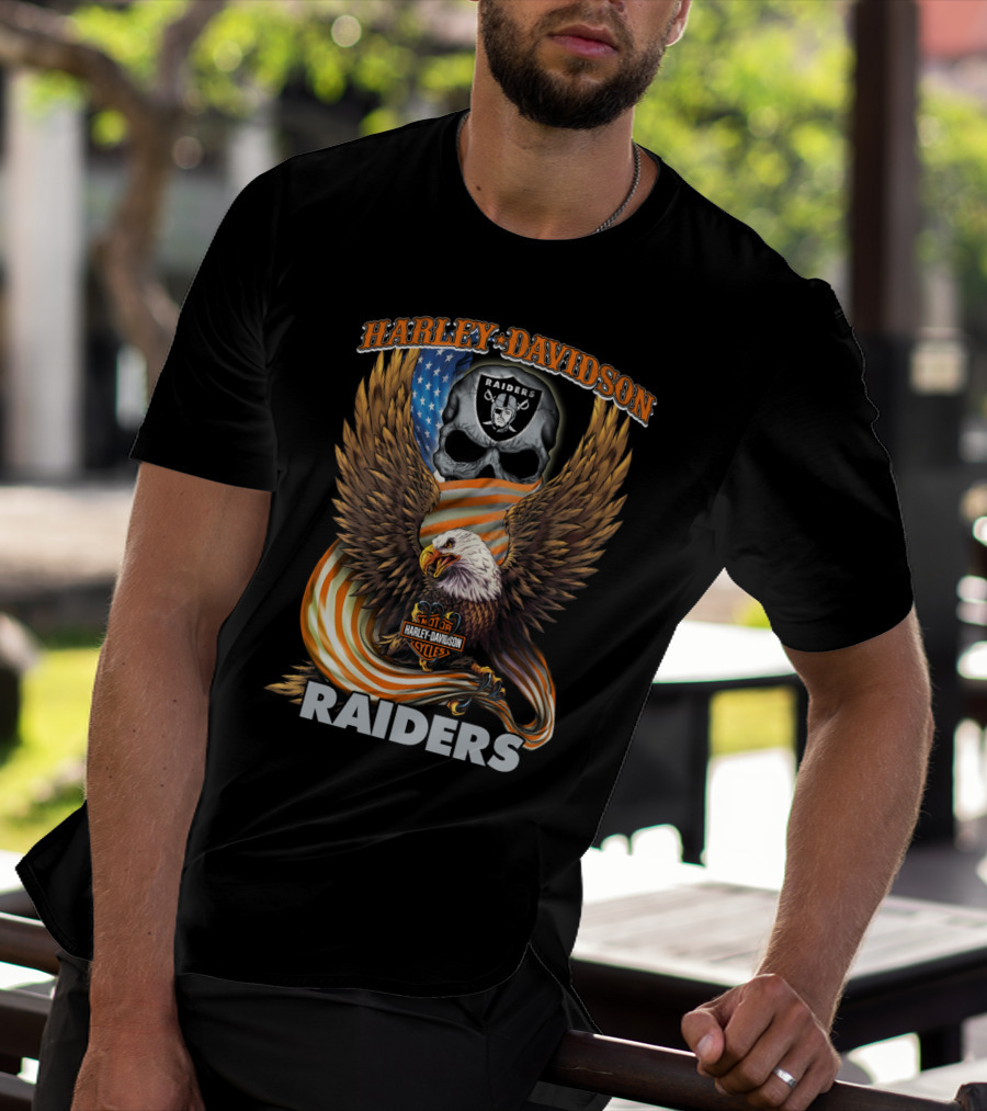 Harley Davidson Raiders Eagle American Flag Skull Nfl Oakland Raiders T-Shirt