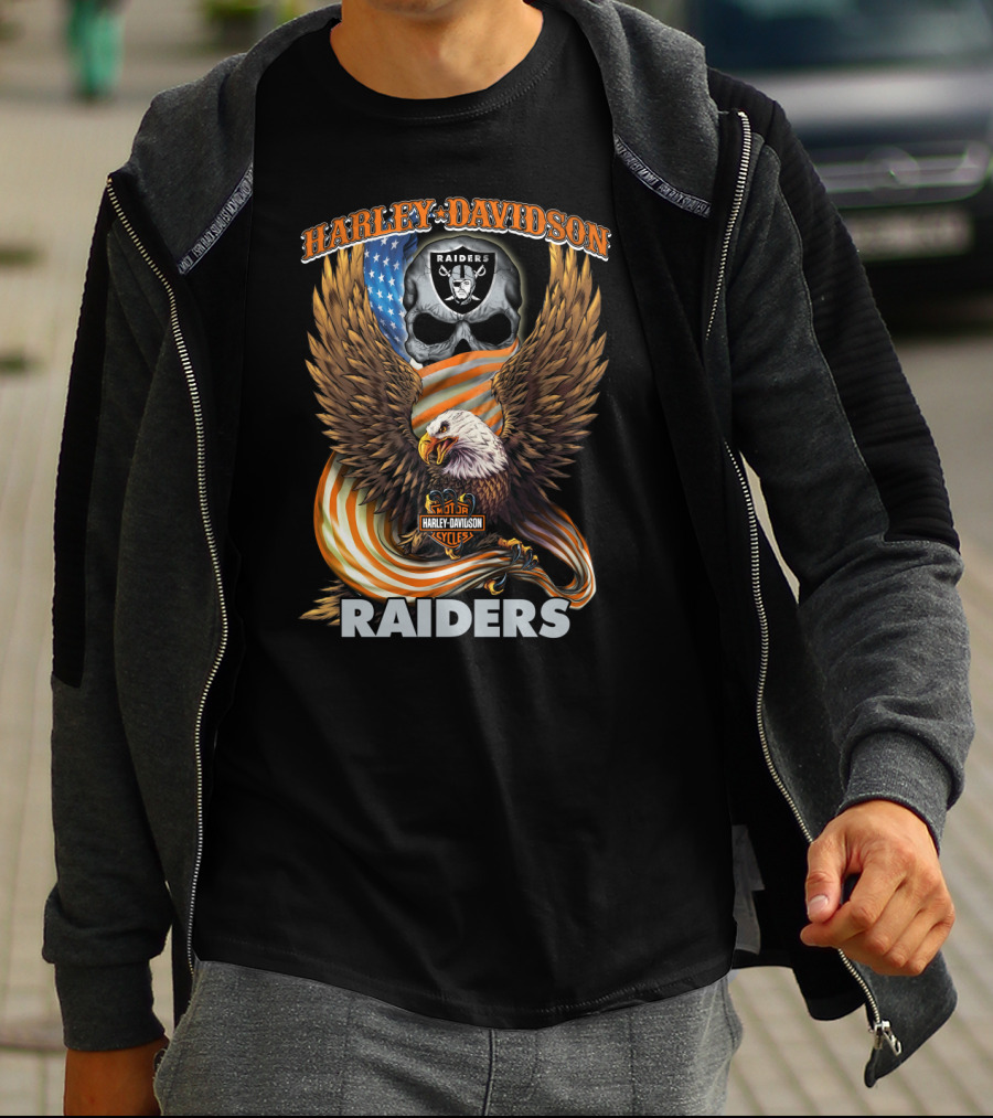 Harley Davidson Raiders Eagle American Flag Skull Nfl Oakland Raiders T-Shirt