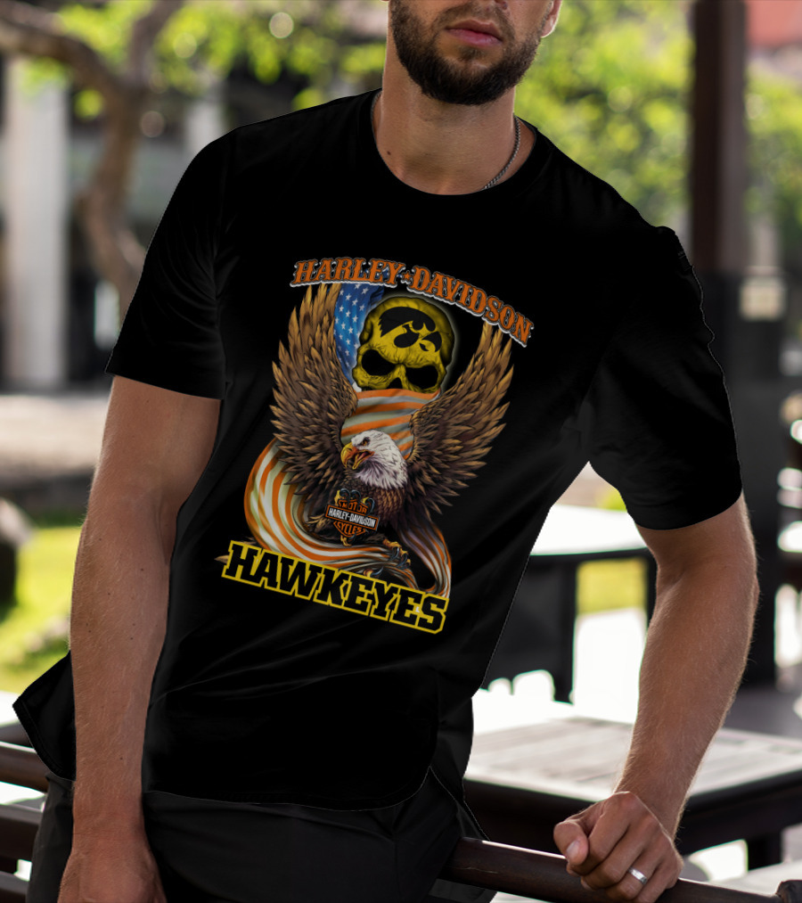 Harley Davidson Iowa Hawkeyes Skull Eagle Cycles Flag T-Shirt