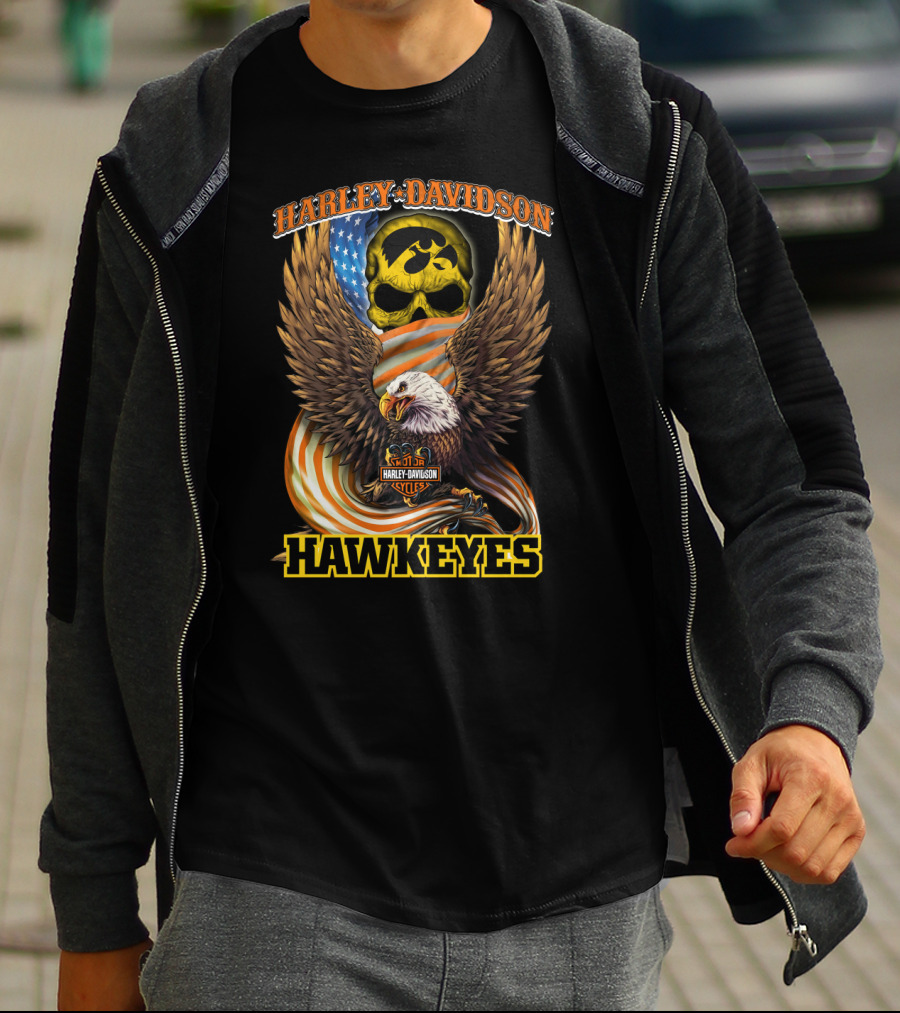 Harley Davidson Iowa Hawkeyes Skull Eagle Cycles Flag T-Shirt