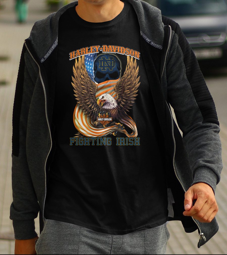 Harley Davidson Notre Dame Fighting Irish Eagle American Flag T-Shirt