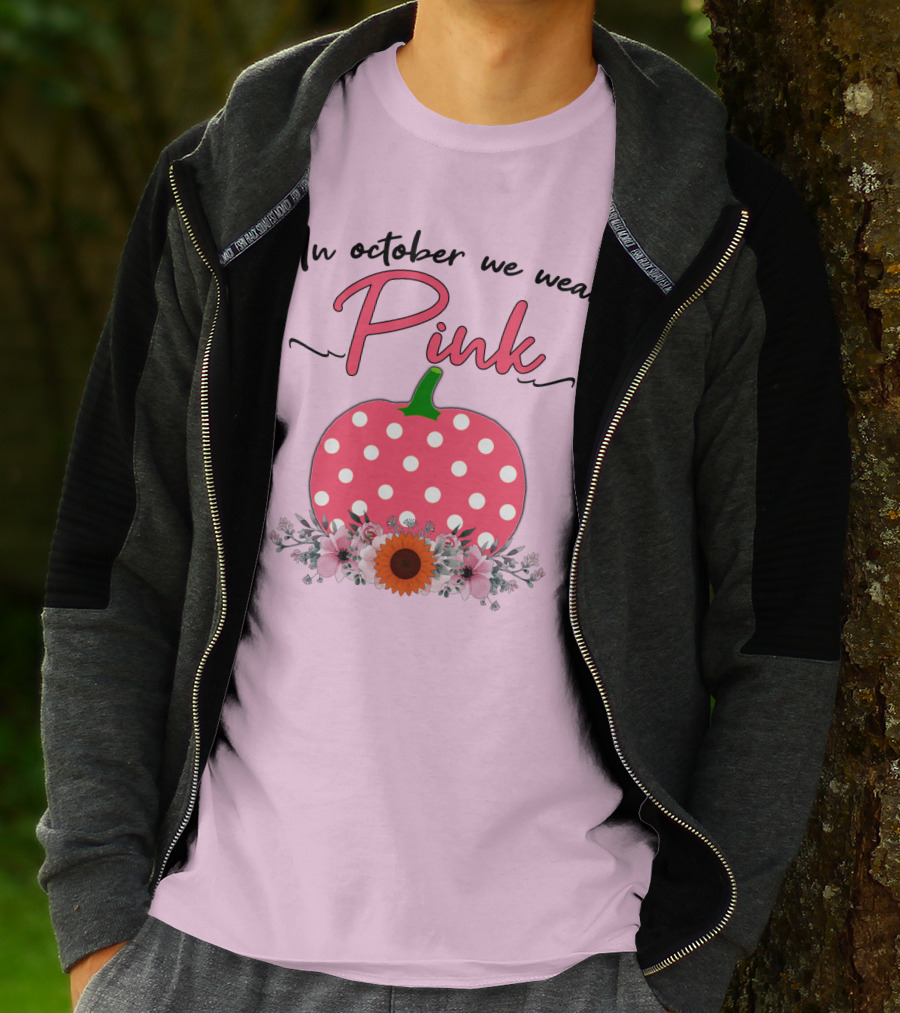 In October We Wear Pink Polka Dot Pumpkin With Flowers Breast Cancer Awareness T-Shirt