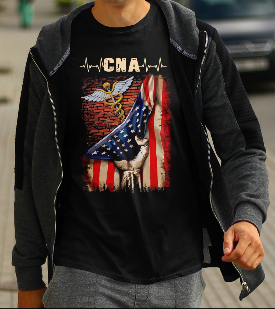 CNA Nurse American Flag Caduceus Symbol With Heartbeat T-Shirt