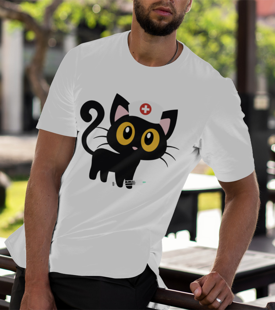 Cat Nurse Cute Black Cat With Syringe And Nurse Hat T-Shirt