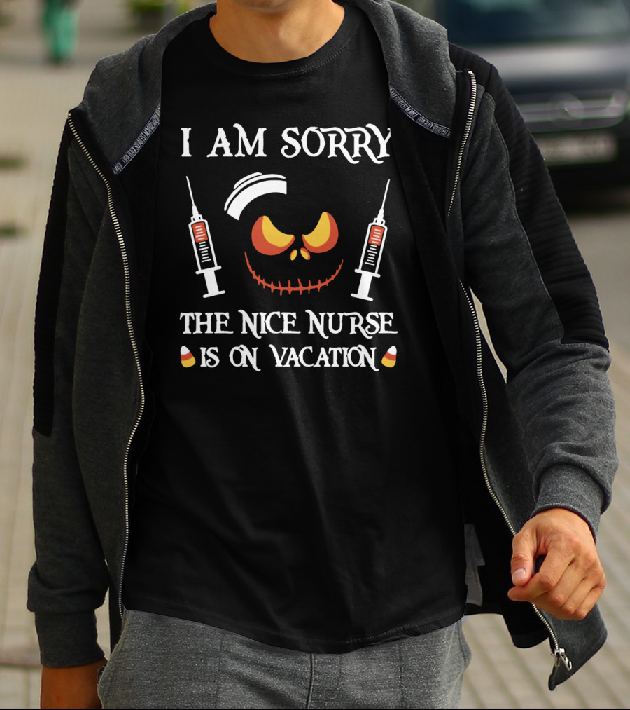I Am Sorry The Nice Nurse Is On Vacation Halloween Pumpkin Face Syringes T-Shirt