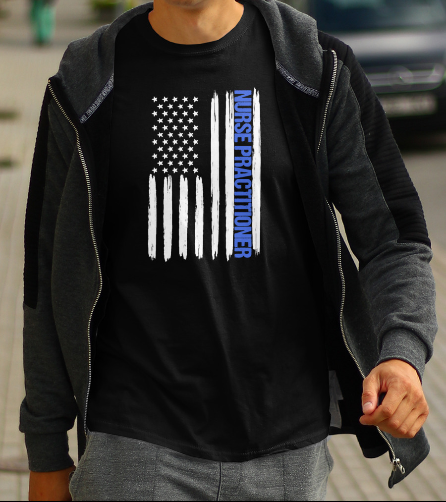 Nurse Practitioner Blue Line Distressed American Flag T-Shirt