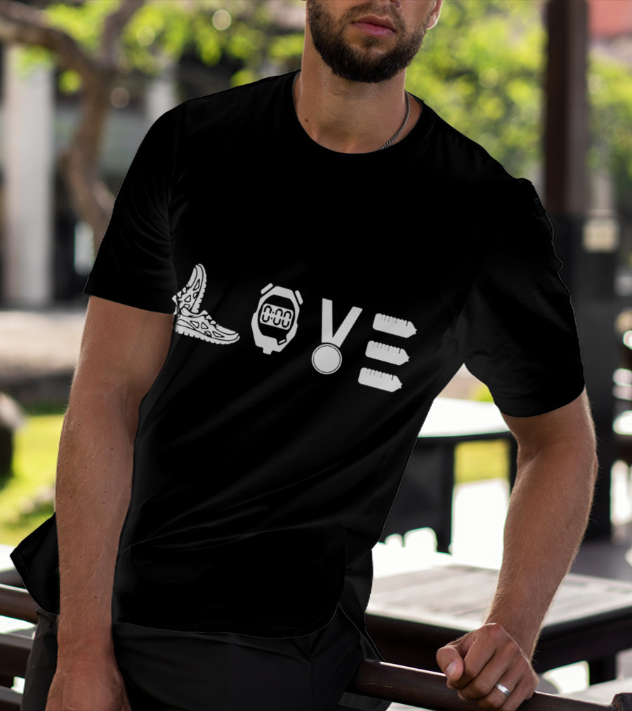 LOVE RUNNING Stopwatch Medal Shoes Bottles T-Shirt