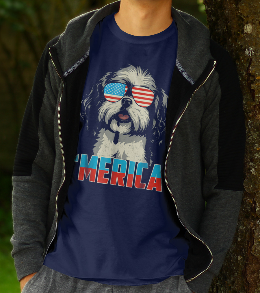 Patriotic Shih Tzu 'Merica With American Flag Sunglasses T-Shirt