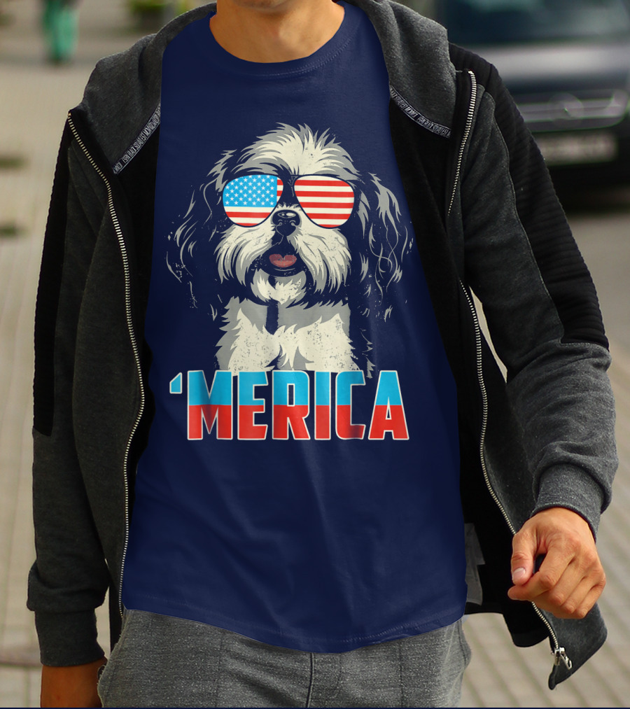 Patriotic Shih Tzu 'Merica With American Flag Sunglasses T-Shirt
