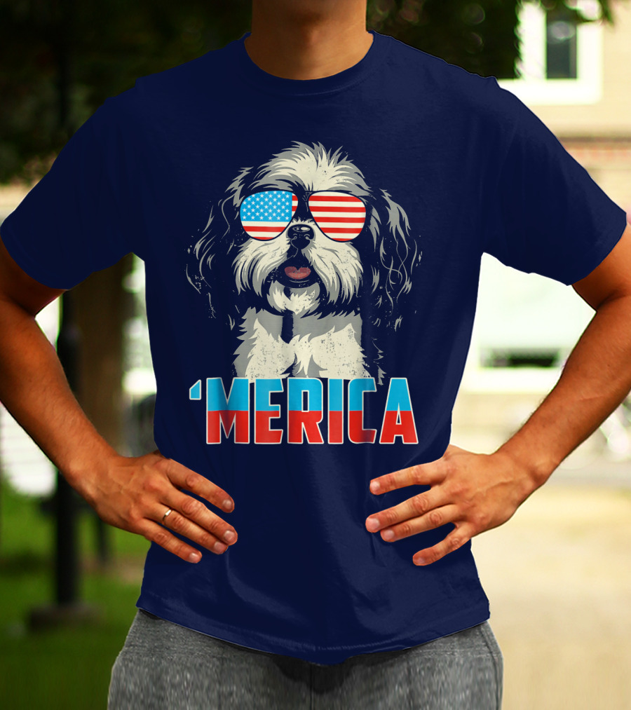 Patriotic Shih Tzu 'Merica With American Flag Sunglasses T-Shirt