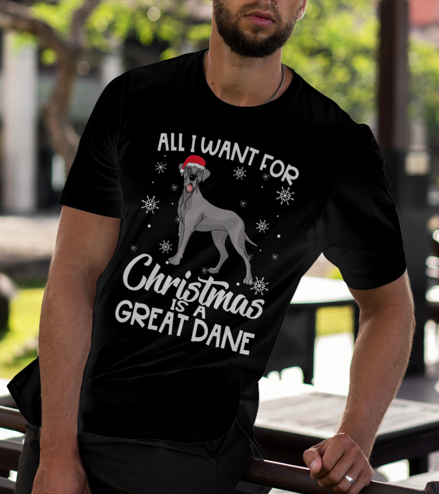 All I Want For Christmas Is A Great Dane With Santa Hat And Snowflakes T-Shirt
