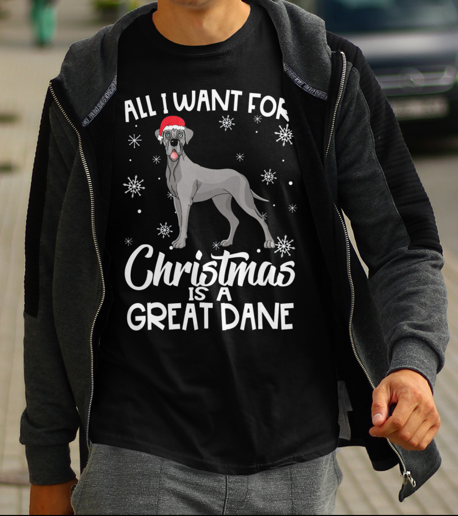 All I Want For Christmas Is A Great Dane With Santa Hat And Snowflakes T-Shirt